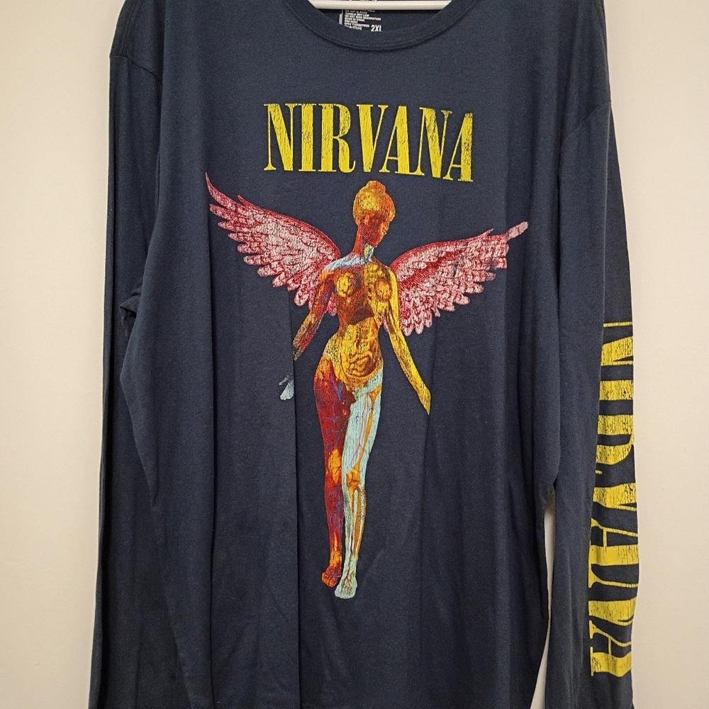 NIRVANA Black Long Sleeve Tee with Yellow Logo and Multicolor Angel Graphic